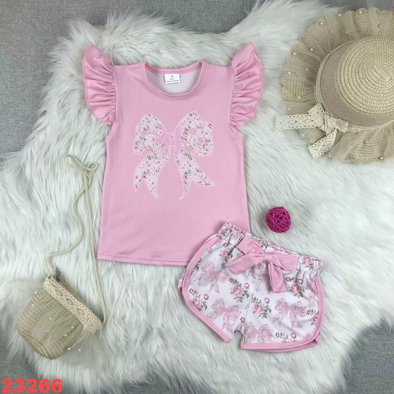 Floral Bow Design Pink Short Sleeve Top and Shorts Set