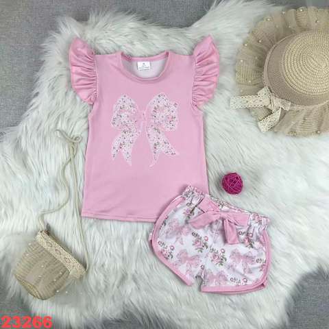 Floral Bow Design Pink Short Sleeve Top and Shorts Set