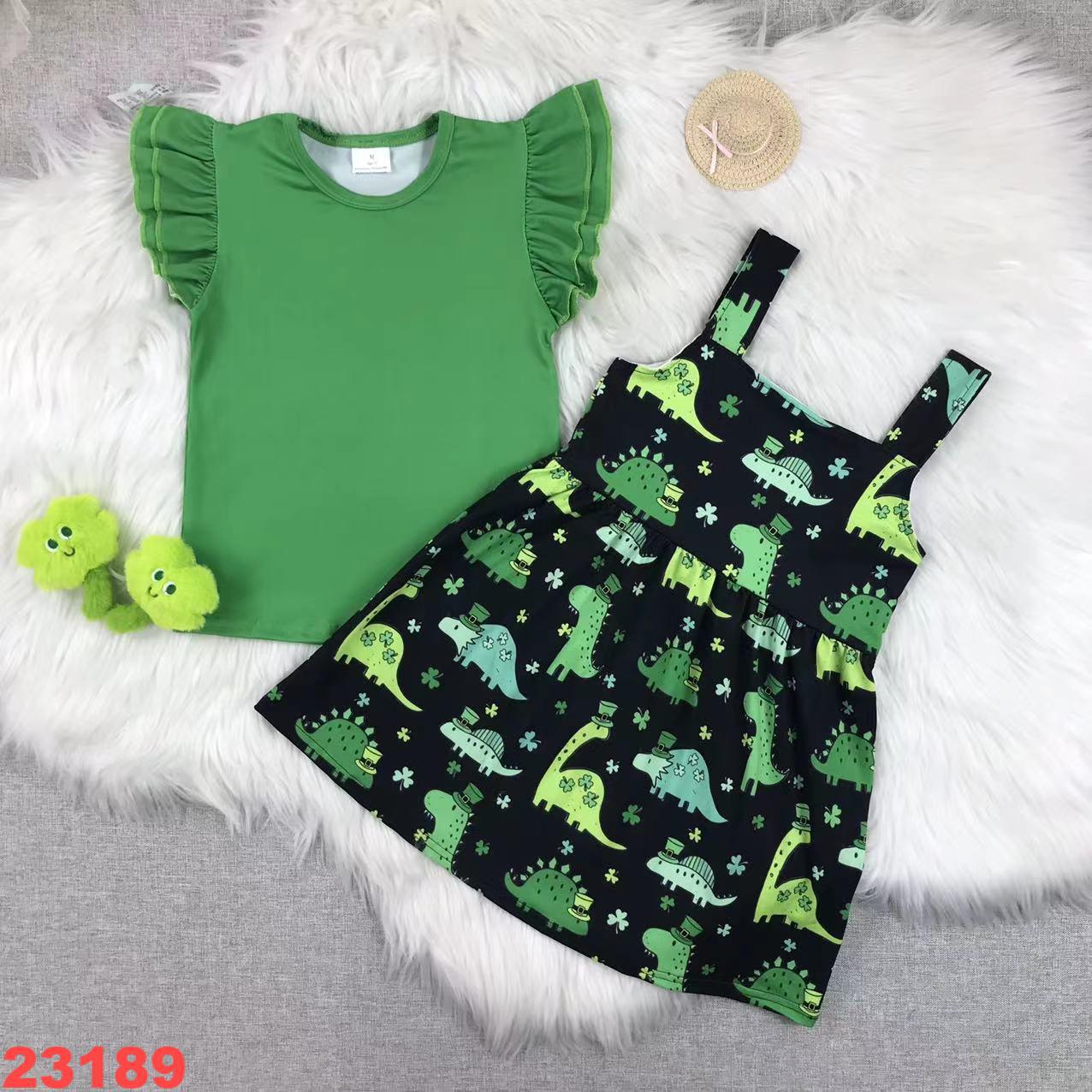Green Short Sleeve Top with Dinosaur Print Dress Set