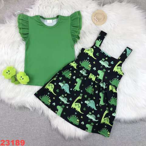Green Short Sleeve Top with Dinosaur Print Dress Set