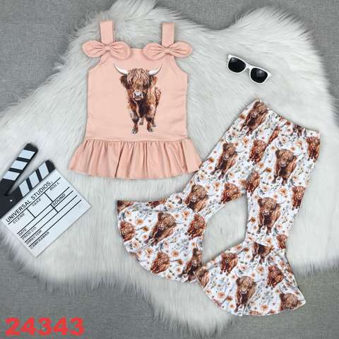 Highland Cow Top and Flared Pants Outfit for Girls