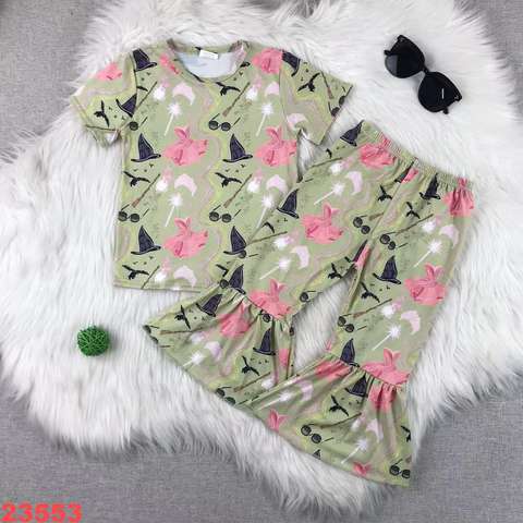 Children's Short Sleeve Set with Flared Pants - Witch and Bunny Pattern