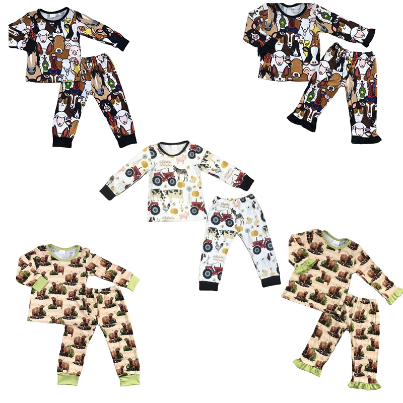 Children's Long Sleeve Pajama Sets with Animal and Tractor Prints
