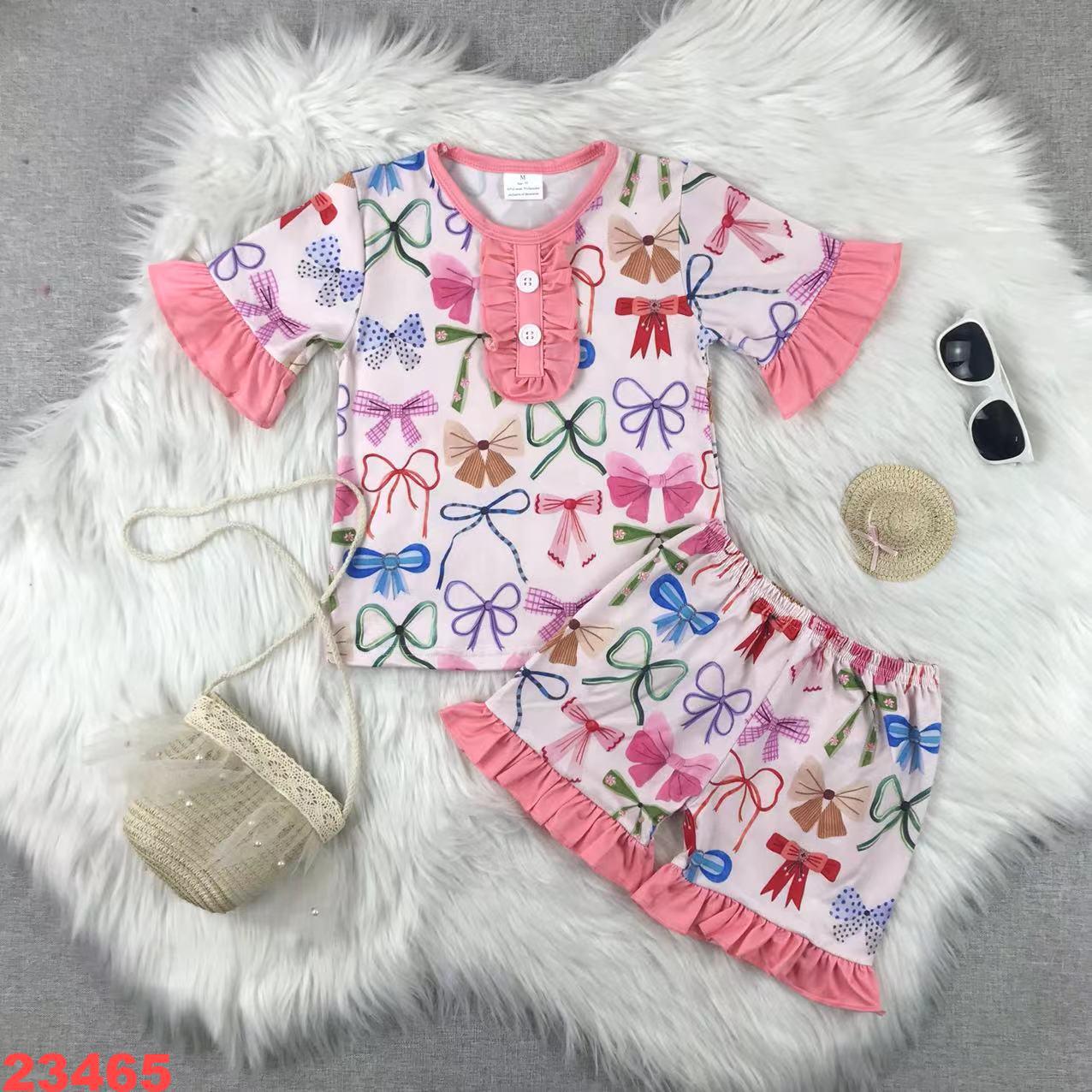 Children's Bow-Themed Short Sleeve Top and Shorts Set