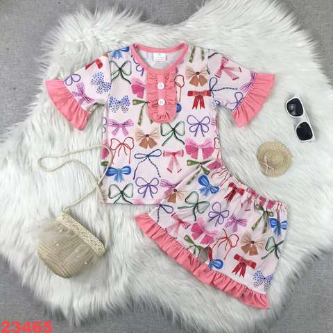 Children's Bow-Themed Short Sleeve Top and Shorts Set