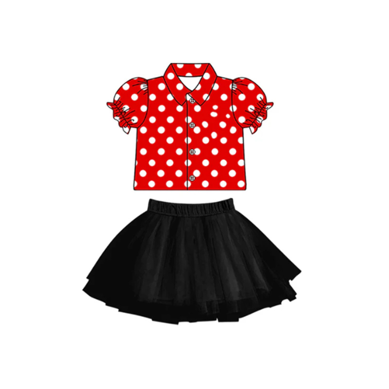 Polka Dot Short Sleeve Shirt and Tulle Skirt Set