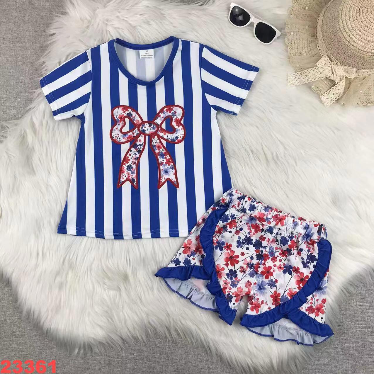 Blue Striped Bow Short Sleeve Top with Floral Shorts Set