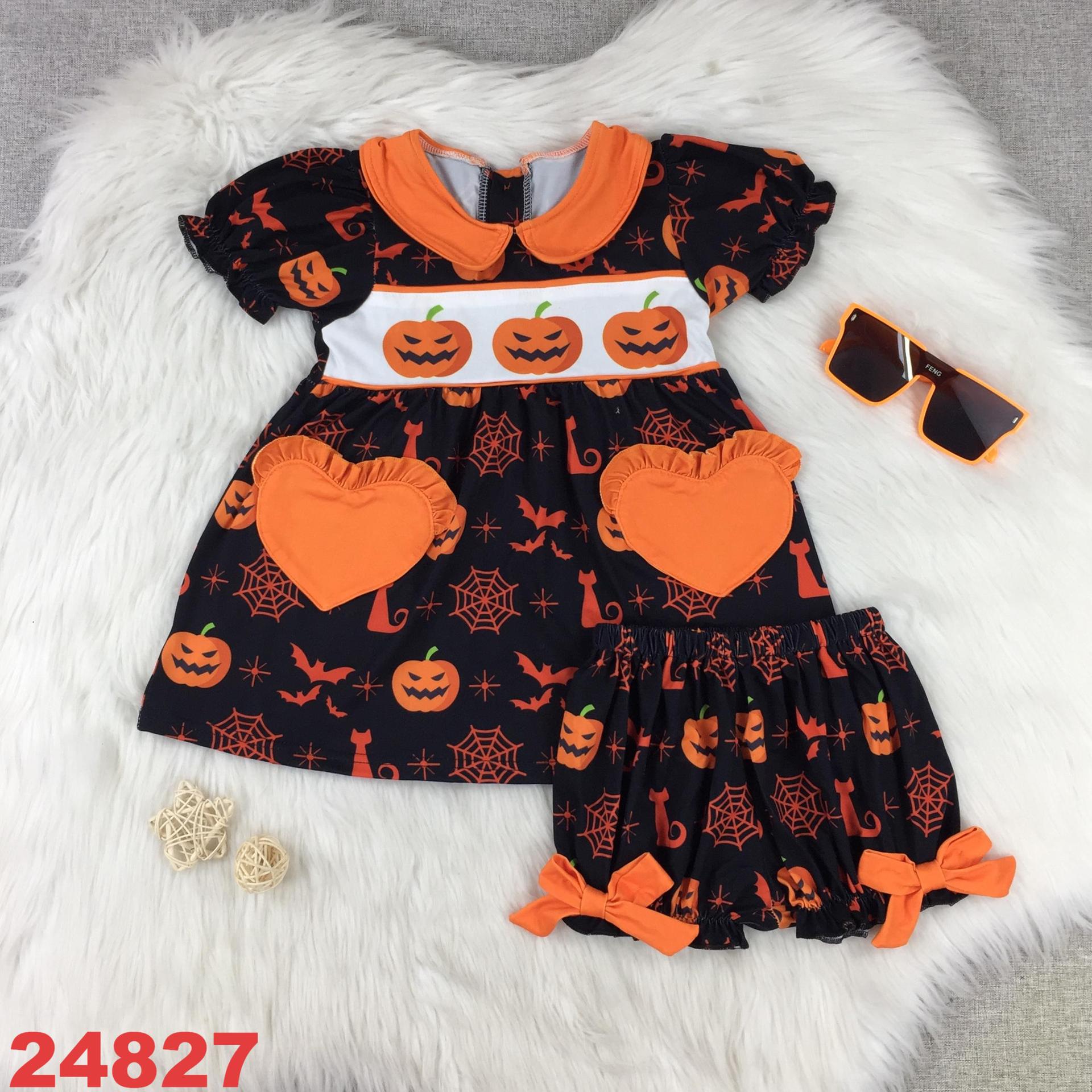 Halloween Themed Short Sleeve Outfit with Pumpkin Design