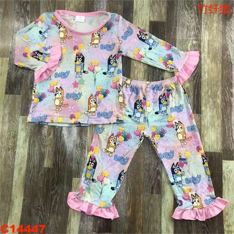 Girls' Cartoon Print Long Sleeve Pajama Set with Ruffle Trim