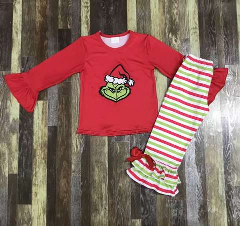 Christmas-Themed Long Sleeve and Striped Pants Set