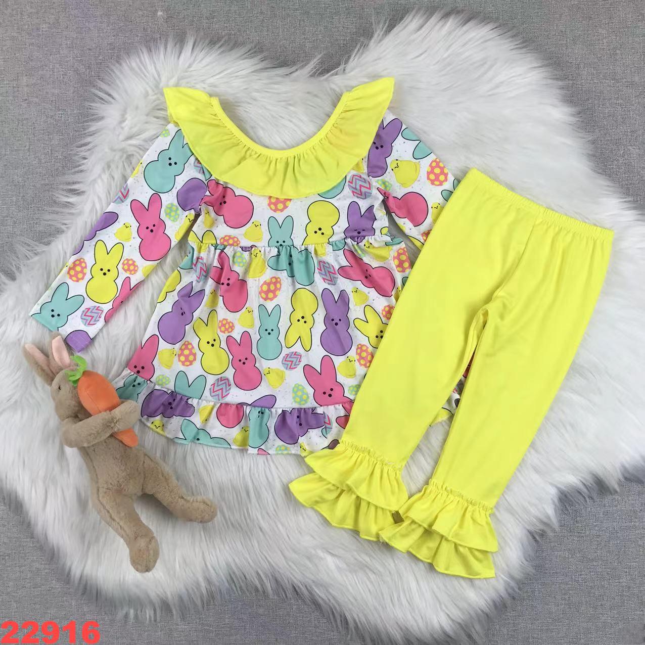 Colorful Bunny Design Long Sleeve Outfit with Matching Yellow Pants