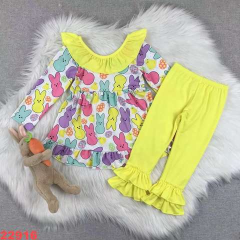 Colorful Bunny Design Long Sleeve Outfit with Matching Yellow Pants