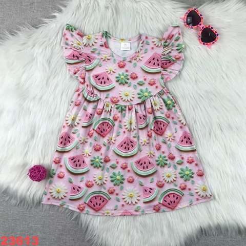 Watermelon and Daisy Print Ruffle Sleeve Dress