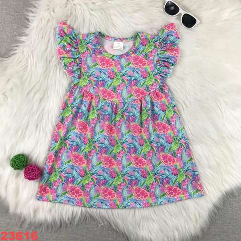 Girls' Tropical Print Flutter Sleeve Dress