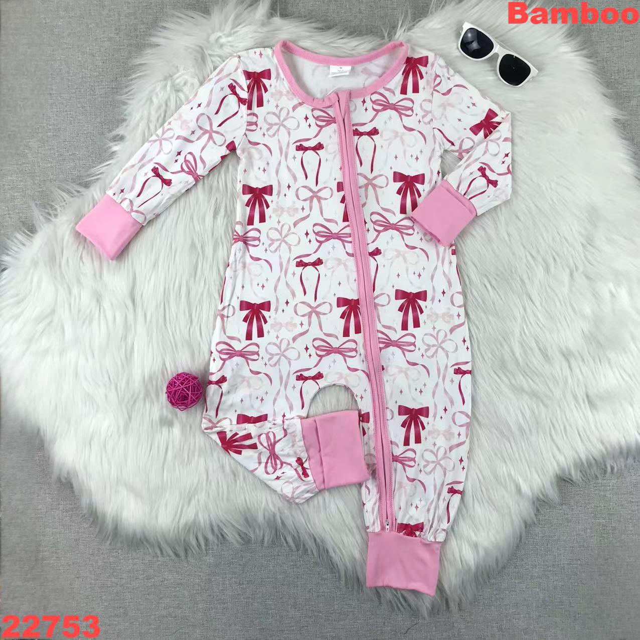 Children's Bamboo Long Sleeve Zippered Romper With Bow Patterns
