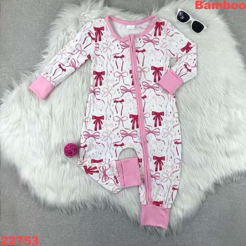 Children's Bamboo Long Sleeve Zippered Romper With Bow Patterns