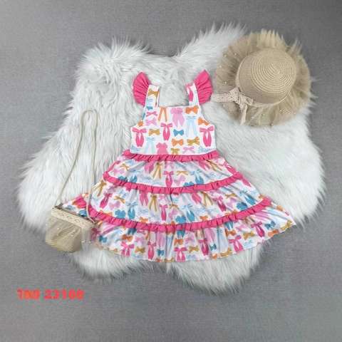 Girls' Bow-Patterned Ruffled Dress with Accessories
