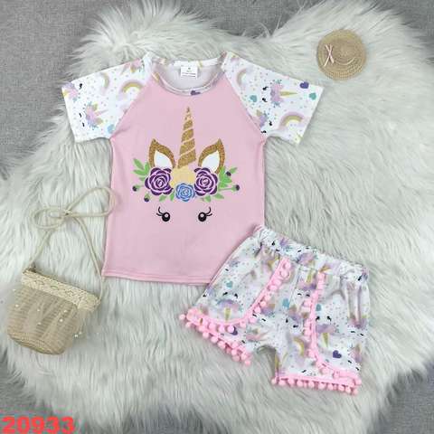 Unicorn Short Sleeve Top and Pom Pom Shorts Set
