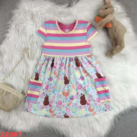 Girls' Striped Bunny Print Casual Dress