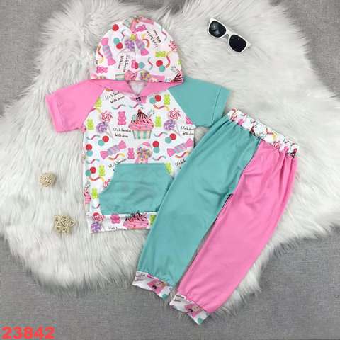 Candy-Themed Short Sleeve Hoodie Set with Pants