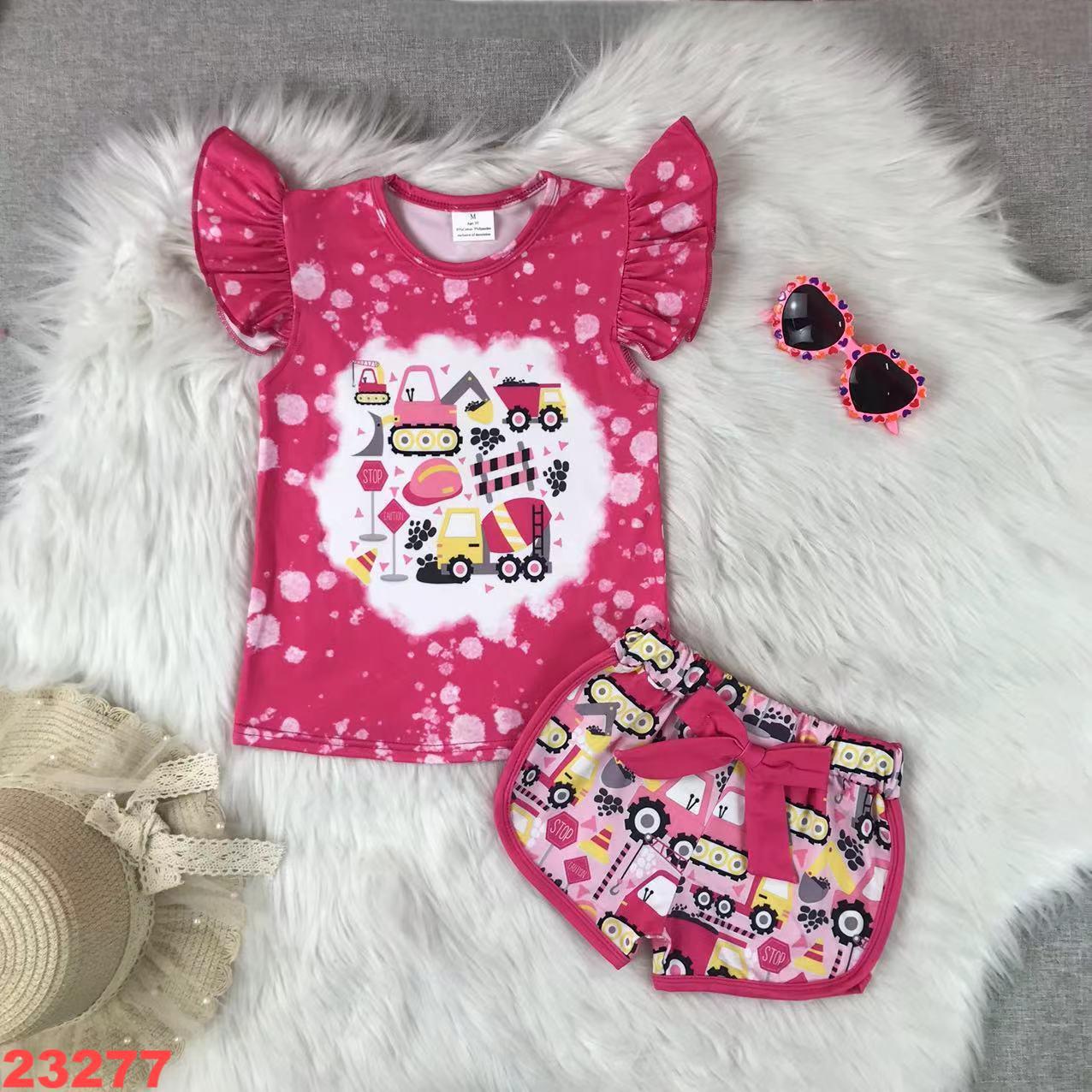 Pink Construction-Themed Short Sleeve Set for Girls