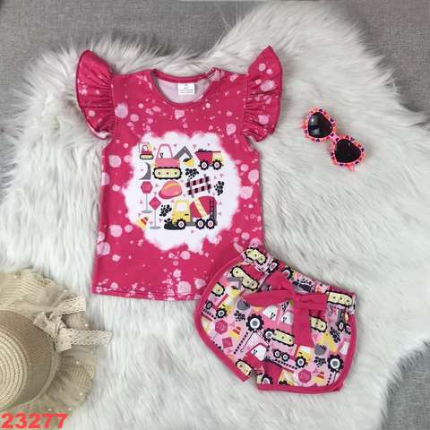 Pink Construction-Themed Short Sleeve Set for Girls
