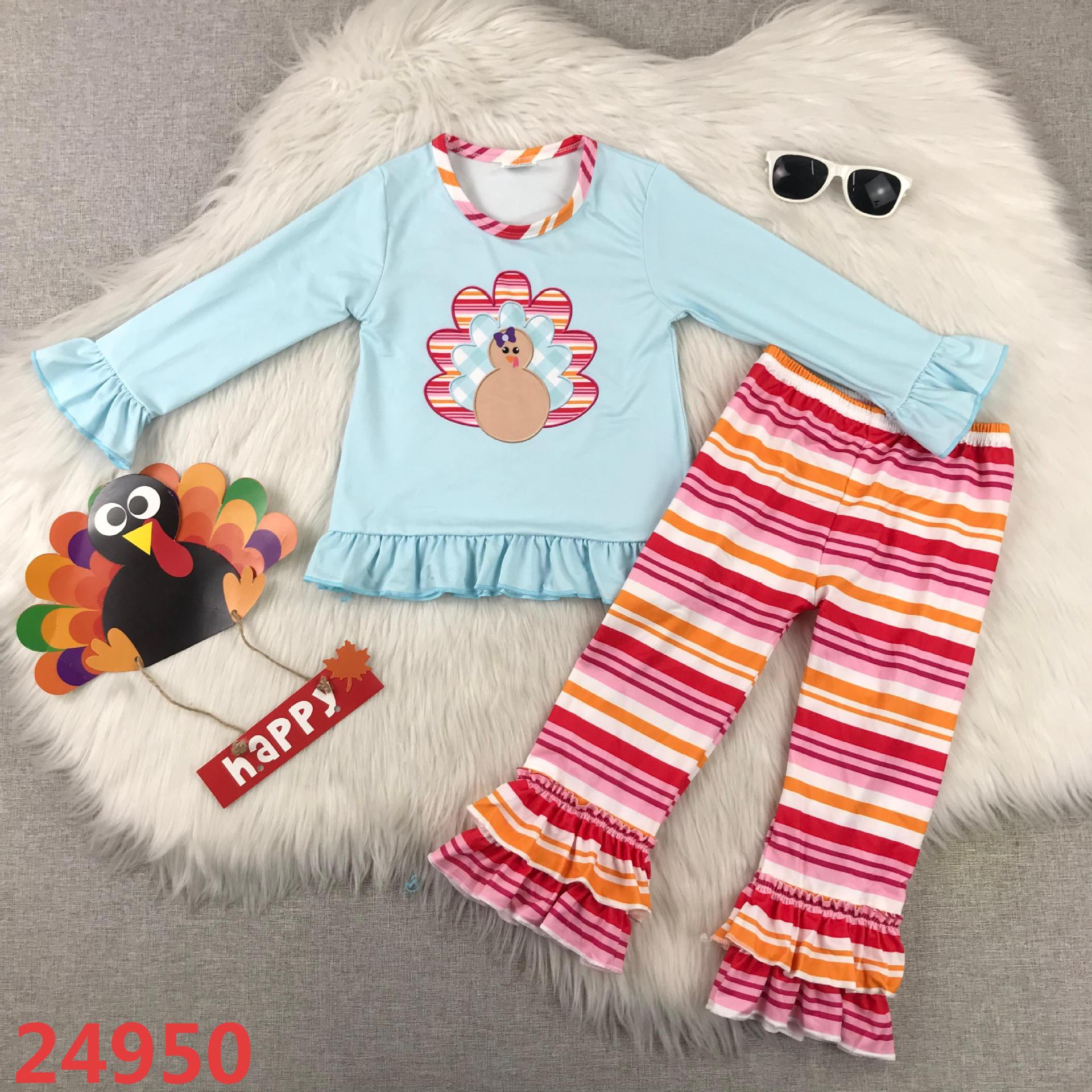 Girls' Thanksgiving-Themed Long Sleeve Top and Striped Ruffle Pants Set