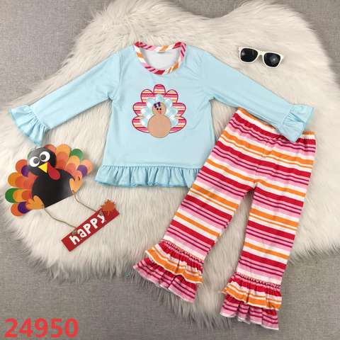 Girls' Thanksgiving-Themed Long Sleeve Top and Striped Ruffle Pants Set