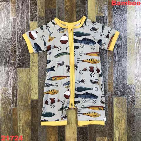 Short-Sleeve Zippered Romper with Fishing Lure Print
