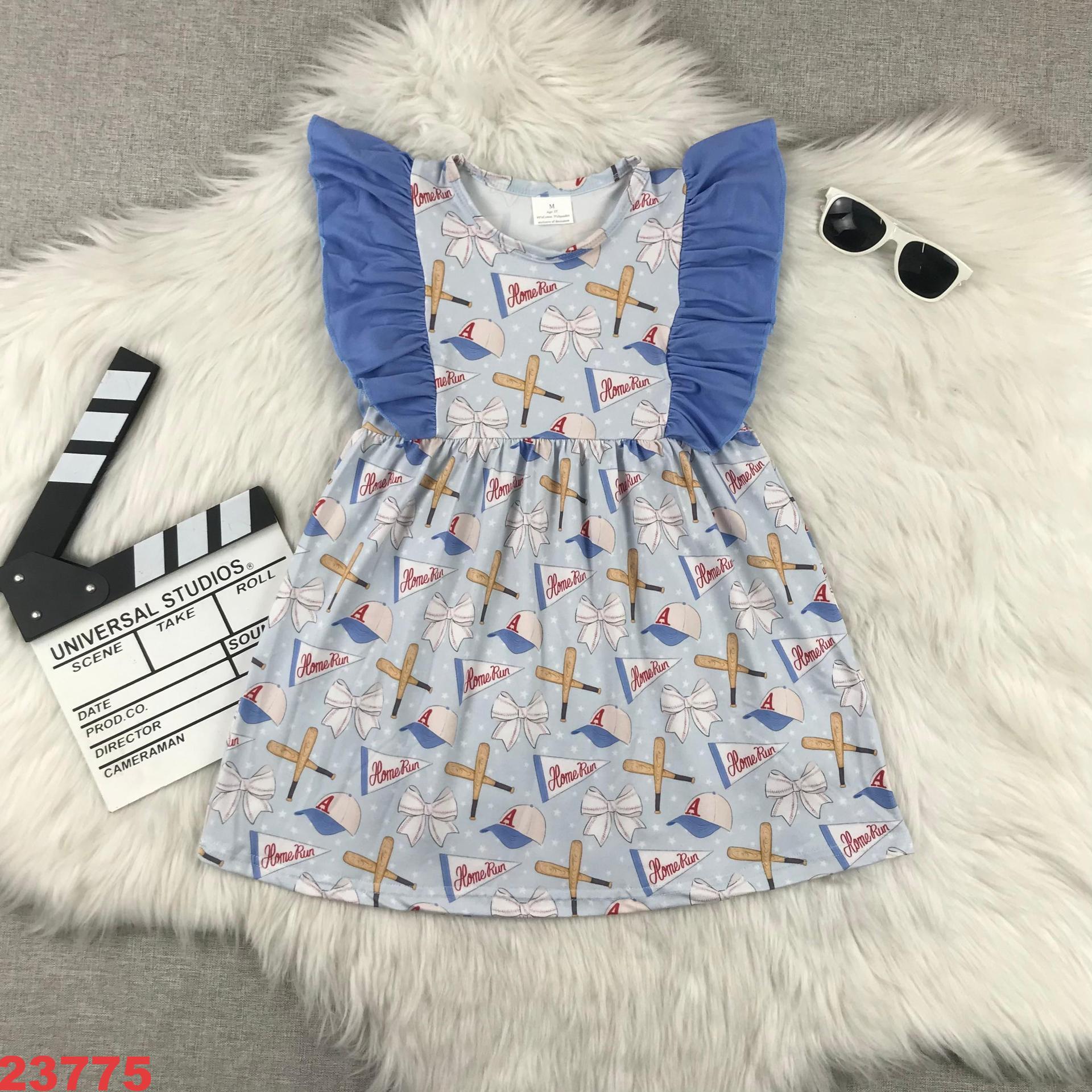 Girls' Blue Baseball-Themed Dress with Ruffle Sleeves