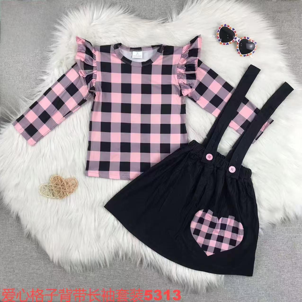 Plaid Long Sleeve Top and Suspender Skirt Set