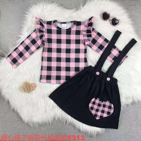 Plaid Long Sleeve Top and Suspender Skirt Set