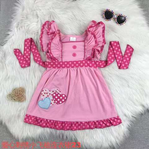 Pink Polka Dot Ruffled Dress with Heart Appliques