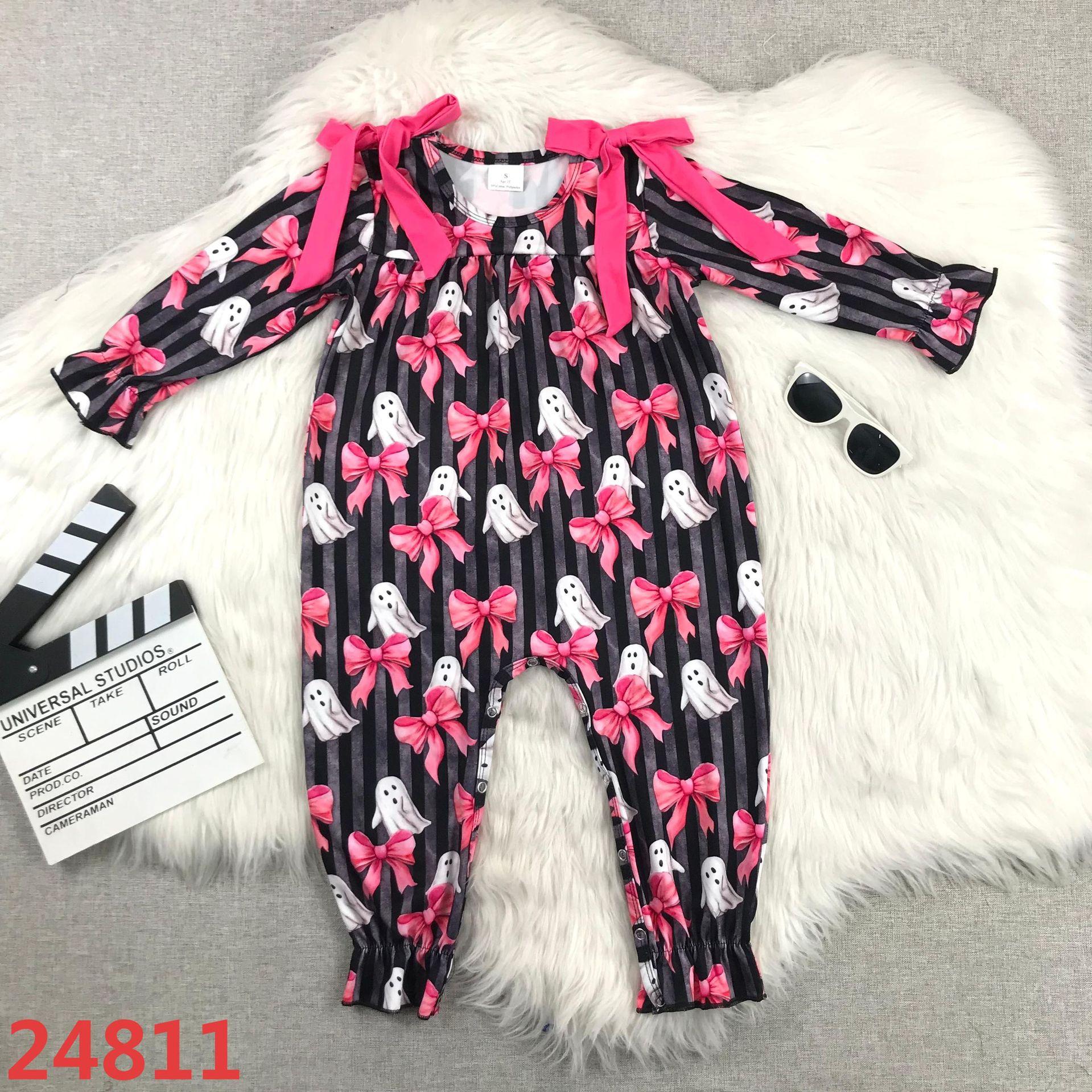 Children's Long Sleeve Ghost and Bow Romper