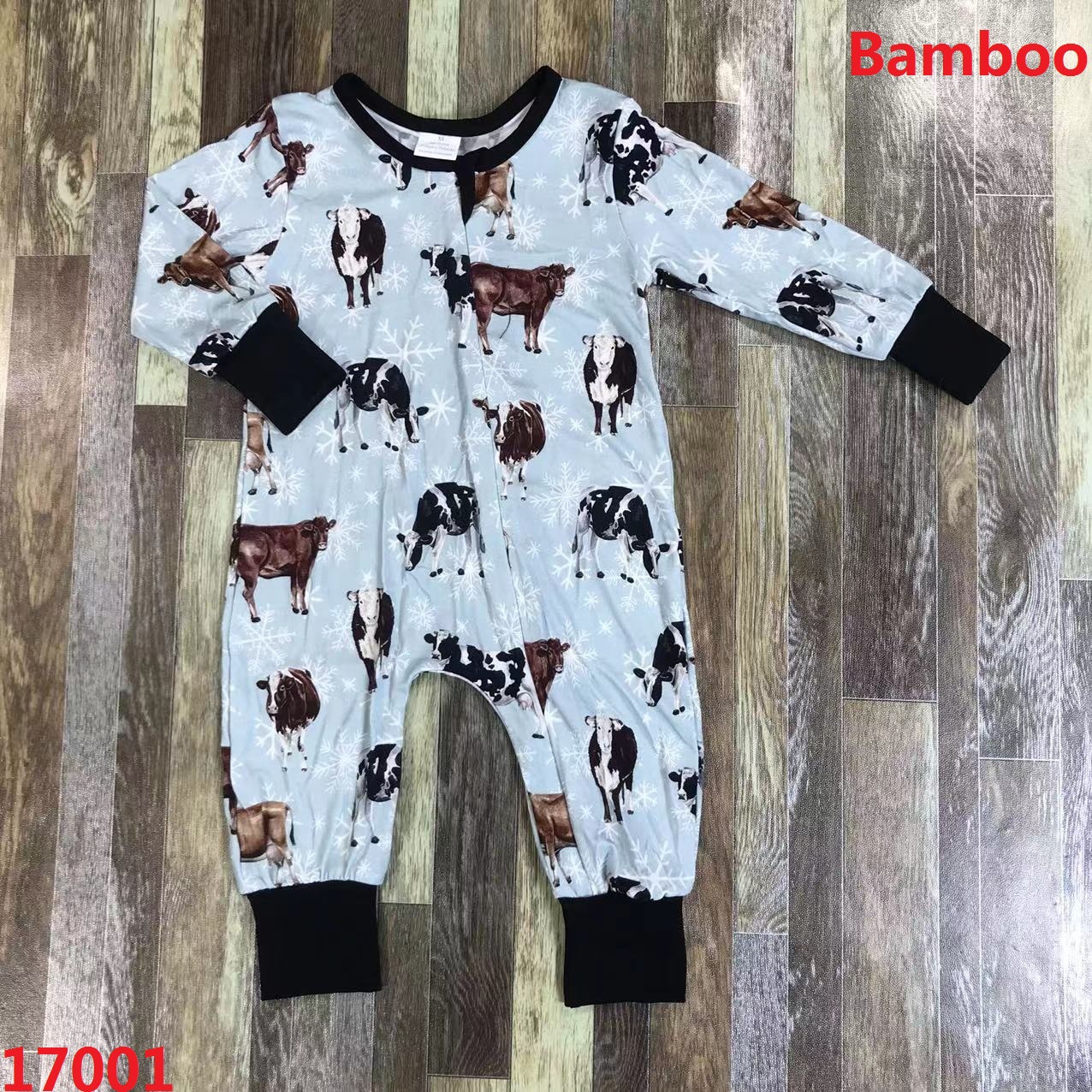 Children's Bamboo Long Sleeve Romper with Cow Print