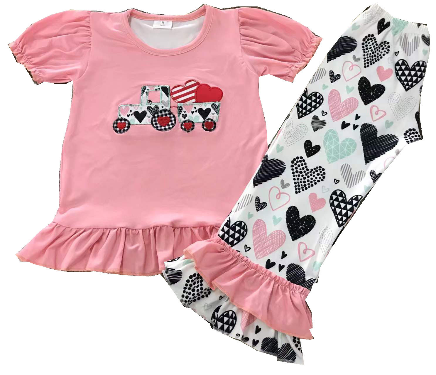 Girls' Pink Heart Print Short Sleeve Set