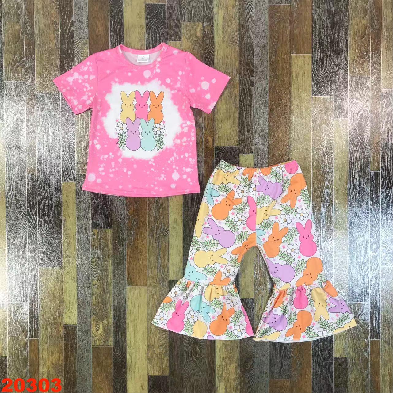 Pink Bunny Printed Short Sleeve Outfit with Ruffle Pants