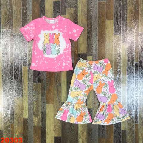 Pink Bunny Printed Short Sleeve Outfit with Ruffle Pants