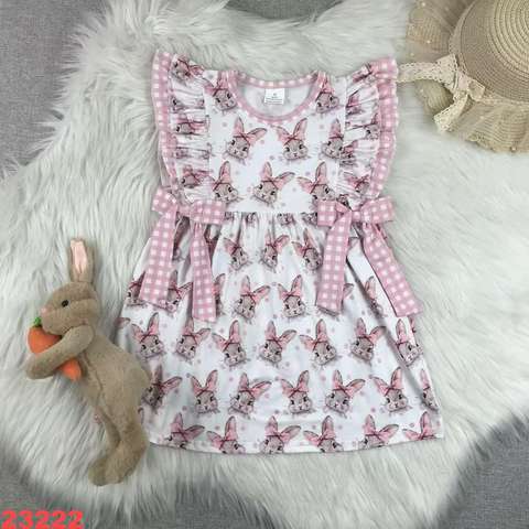 Pink Bunny Printed Dress with Gingham Bow Accents