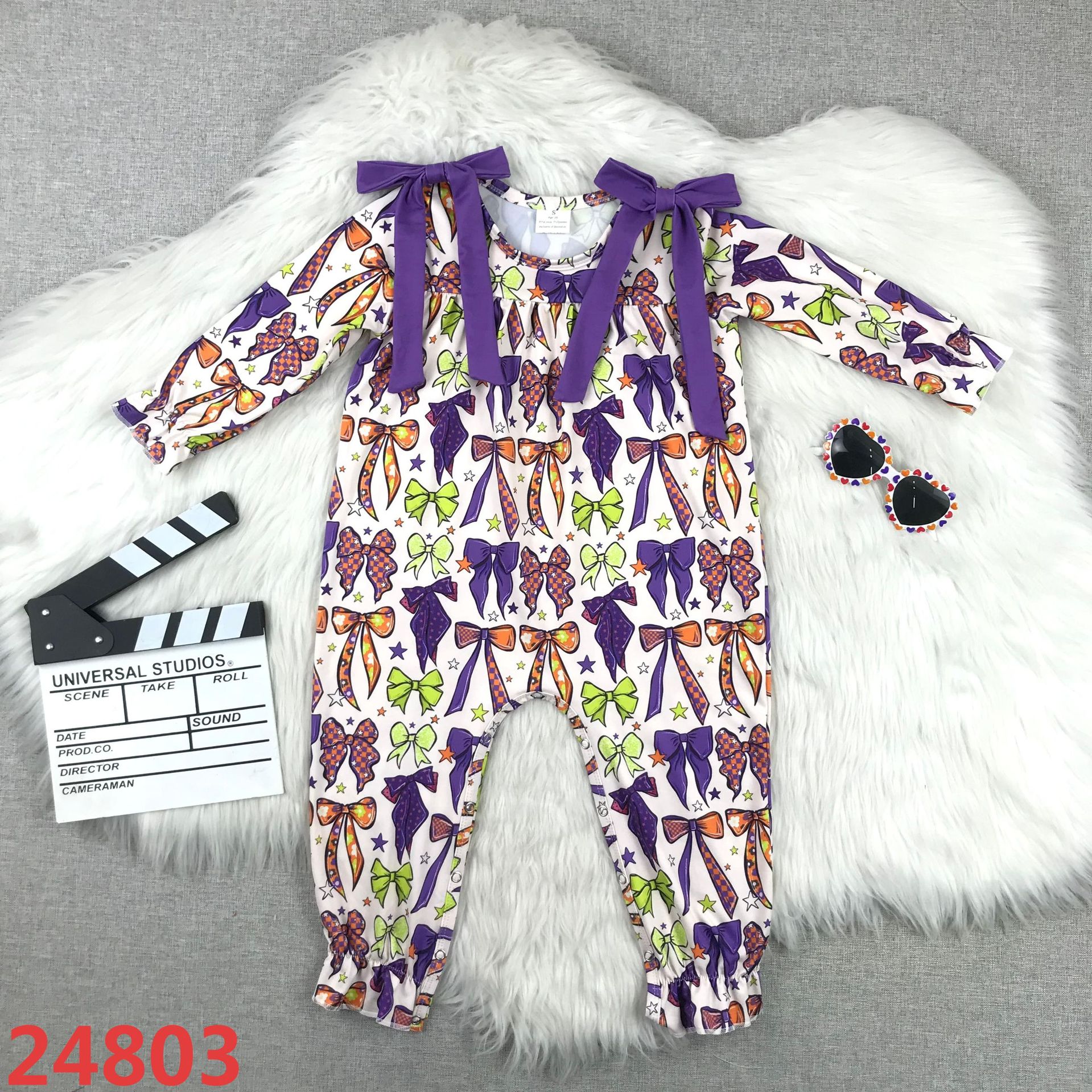 Girls' Long Sleeve Bow Print Romper