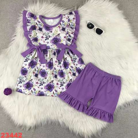 Floral Purple Ruffle Short Sleeve Set