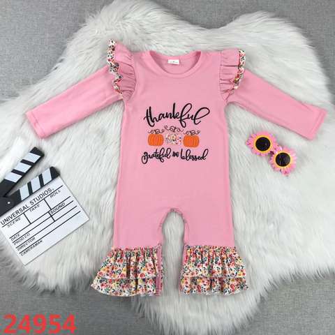 Thankful Pumpkin Ruffle Long Sleeve Romper