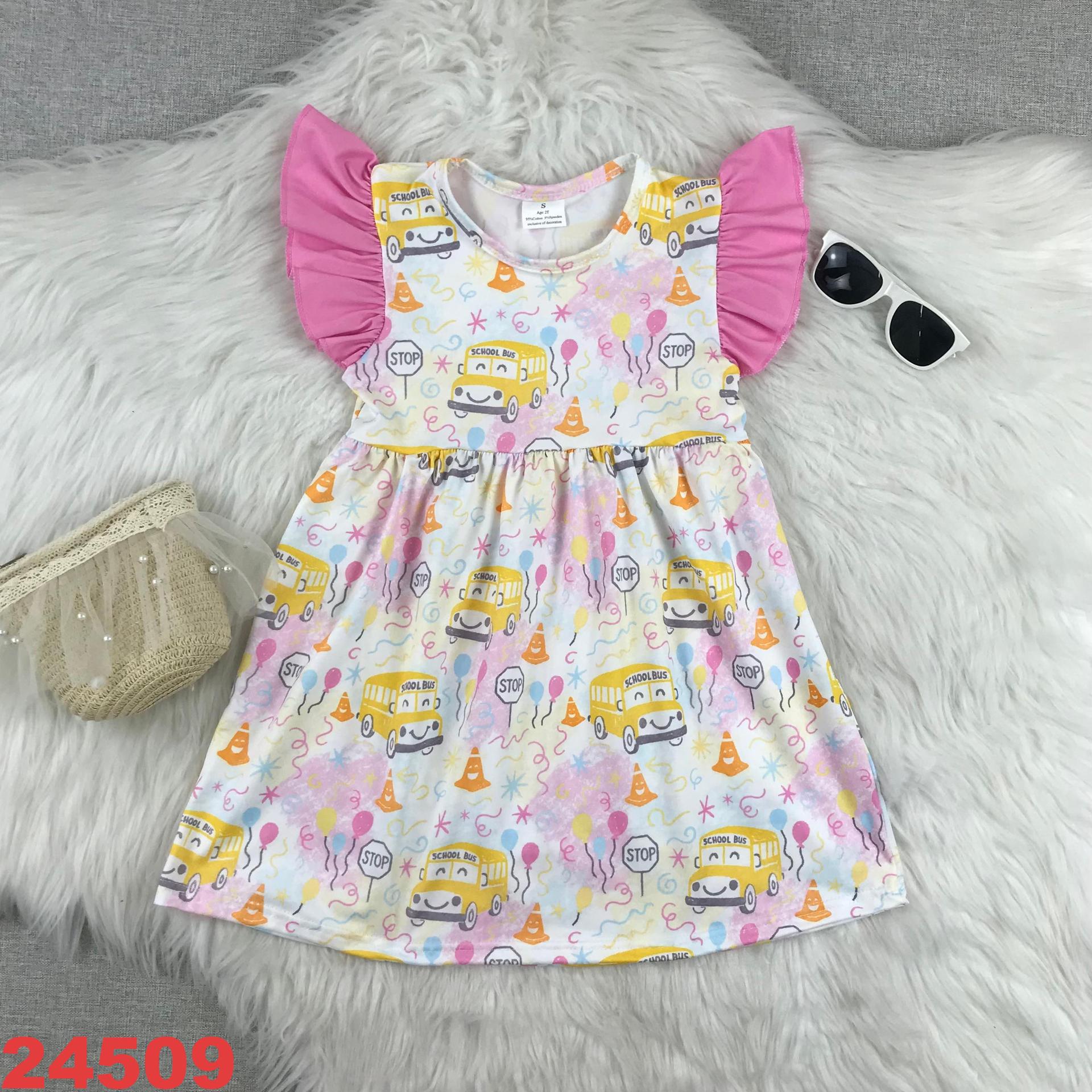 School Bus Printed Kids Dress with Frilly Sleeves