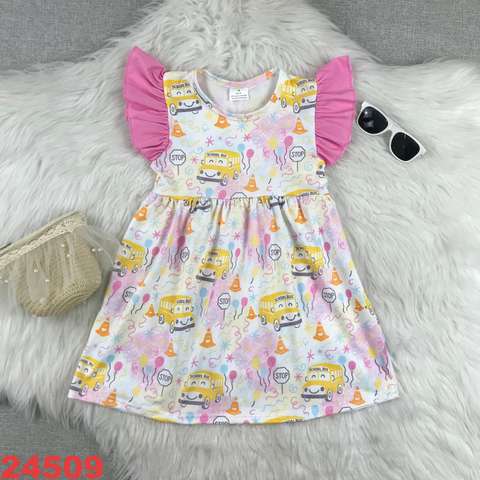 School Bus Printed Kids Dress with Frilly Sleeves