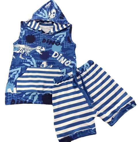 Dinosaur-Themed Short Sleeve Hoodie and Striped Shorts Set for Kids