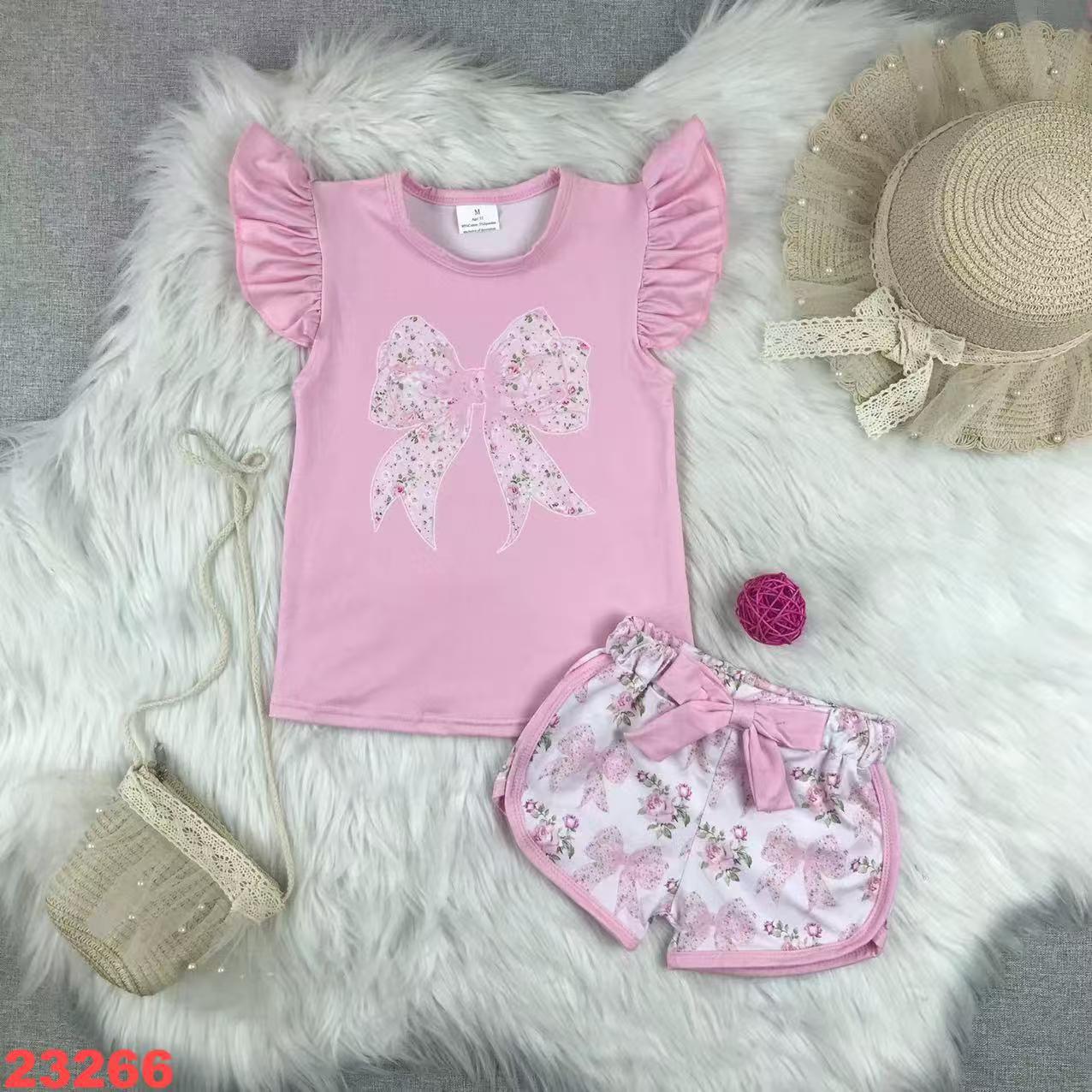 Pink Bow Short Sleeve Set with Floral Shorts