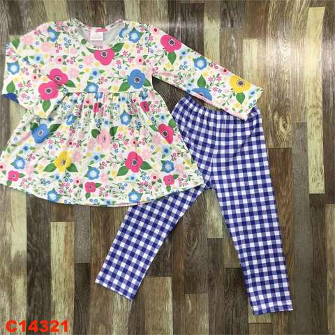 Floral Long Sleeve Top and Checkered Leggings Set