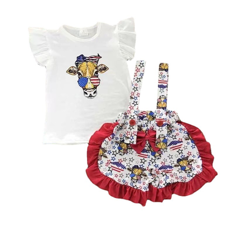 Girls' Patriotic Cow Print Short Sleeve Set