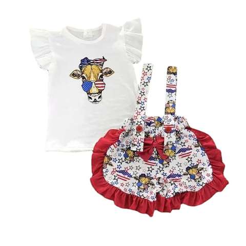 Girls' Patriotic Cow Print Short Sleeve Set