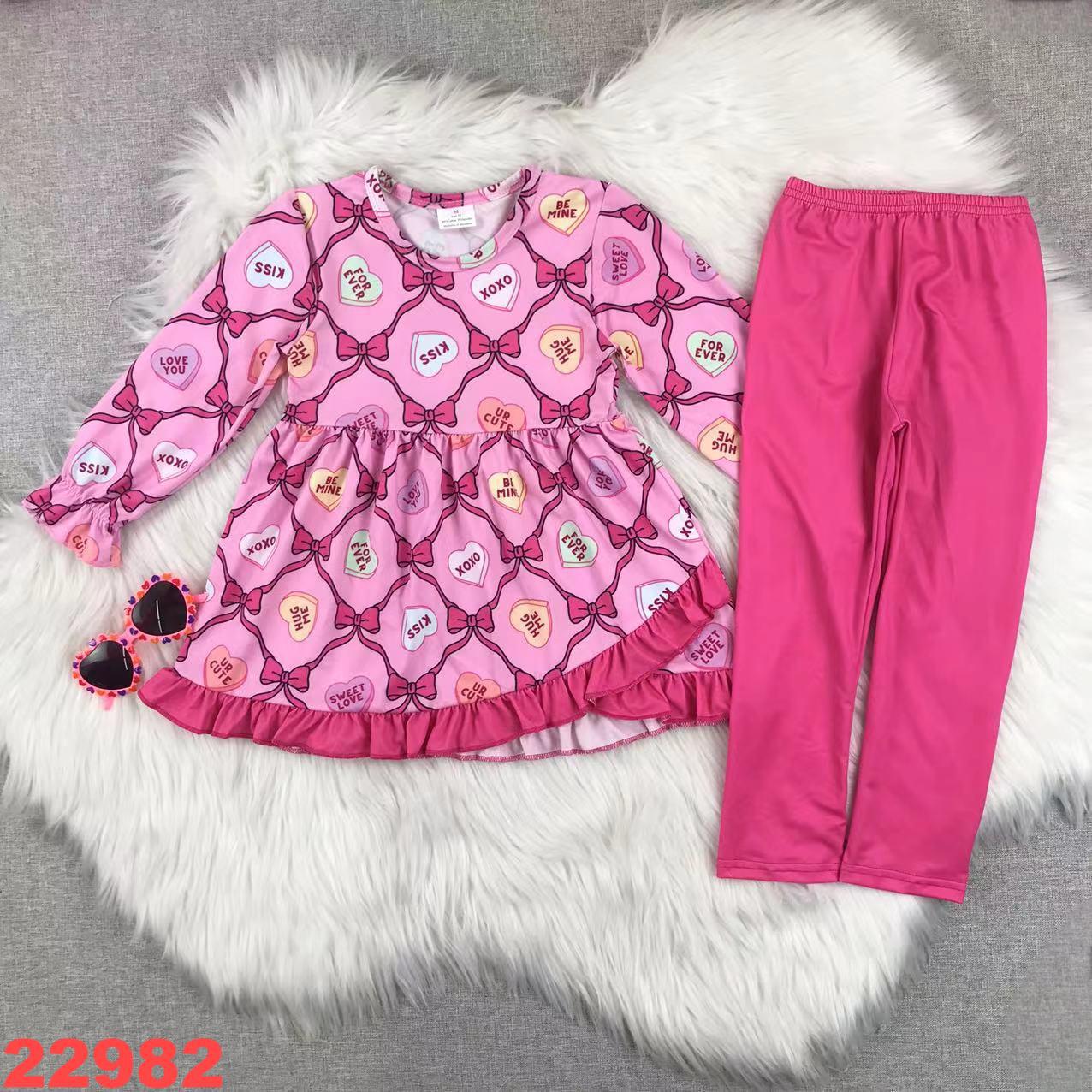 Pink Heart-Themed Long Sleeve Set with Ruffle Dress and Tights